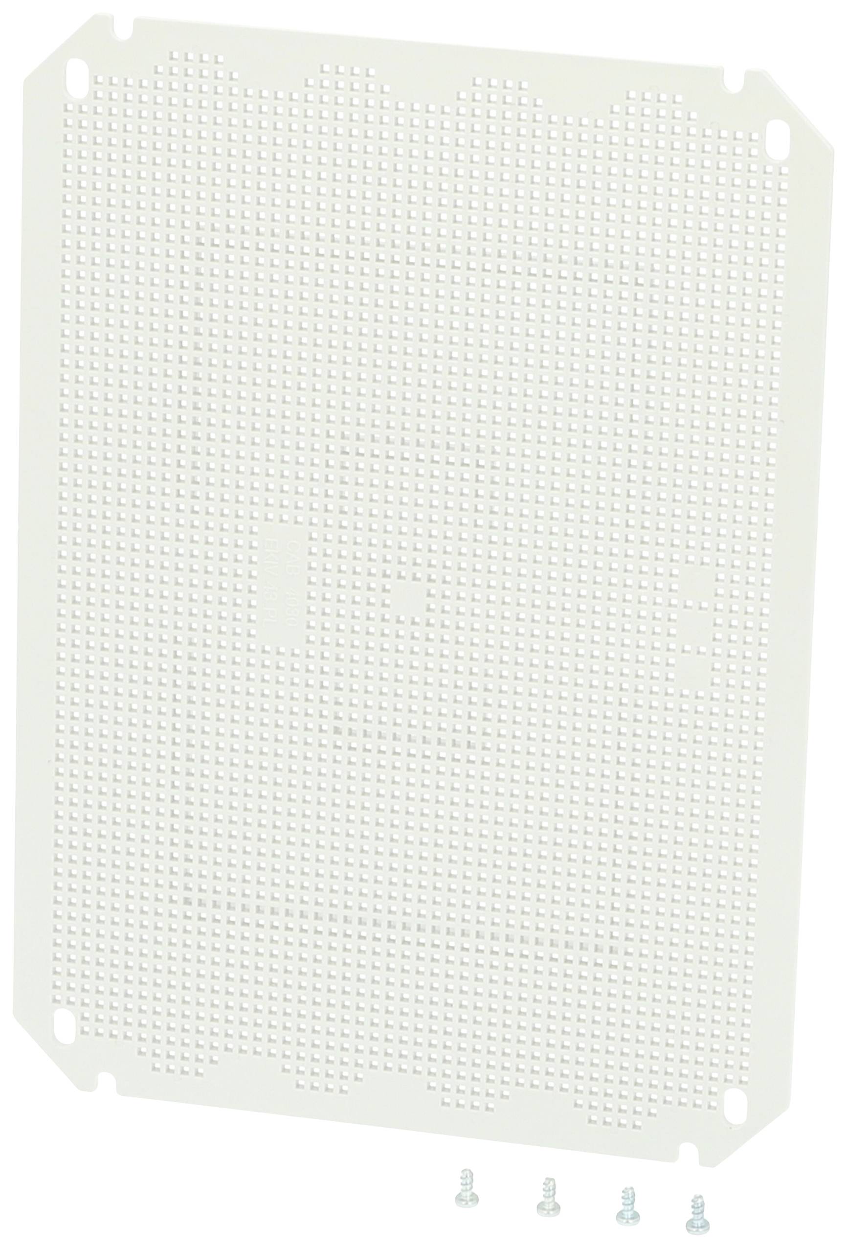 Een witte printplaat met een rasterpatroon is afgebeeld. Onderaan liggen vier kleine schroeven.
