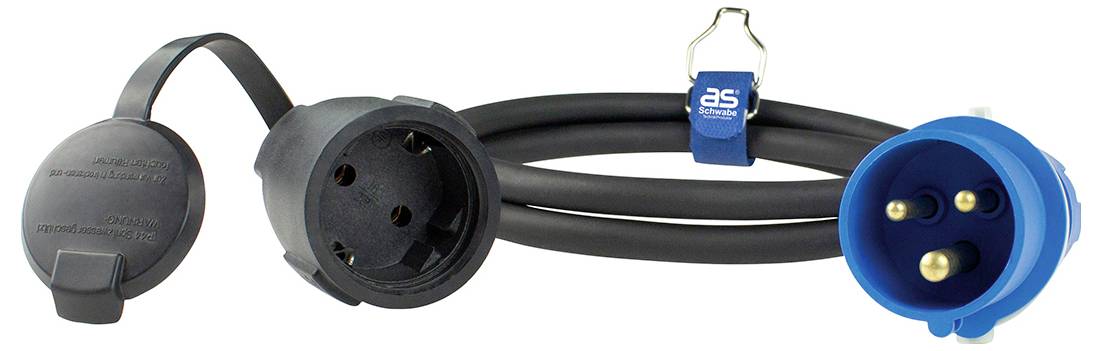Een zwarte en blauwe elektrische kabel met drie-pins connectoren aan beide uiteinden, gebruikt voor stroomverdeling.