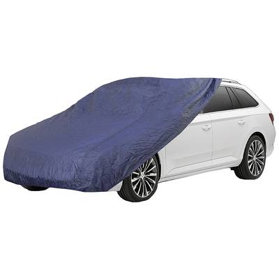 Een witte auto wordt gedeeltelijk bedekt door een blauwe afdekking. Alleen de achterkant van het voertuig is zichtbaar.