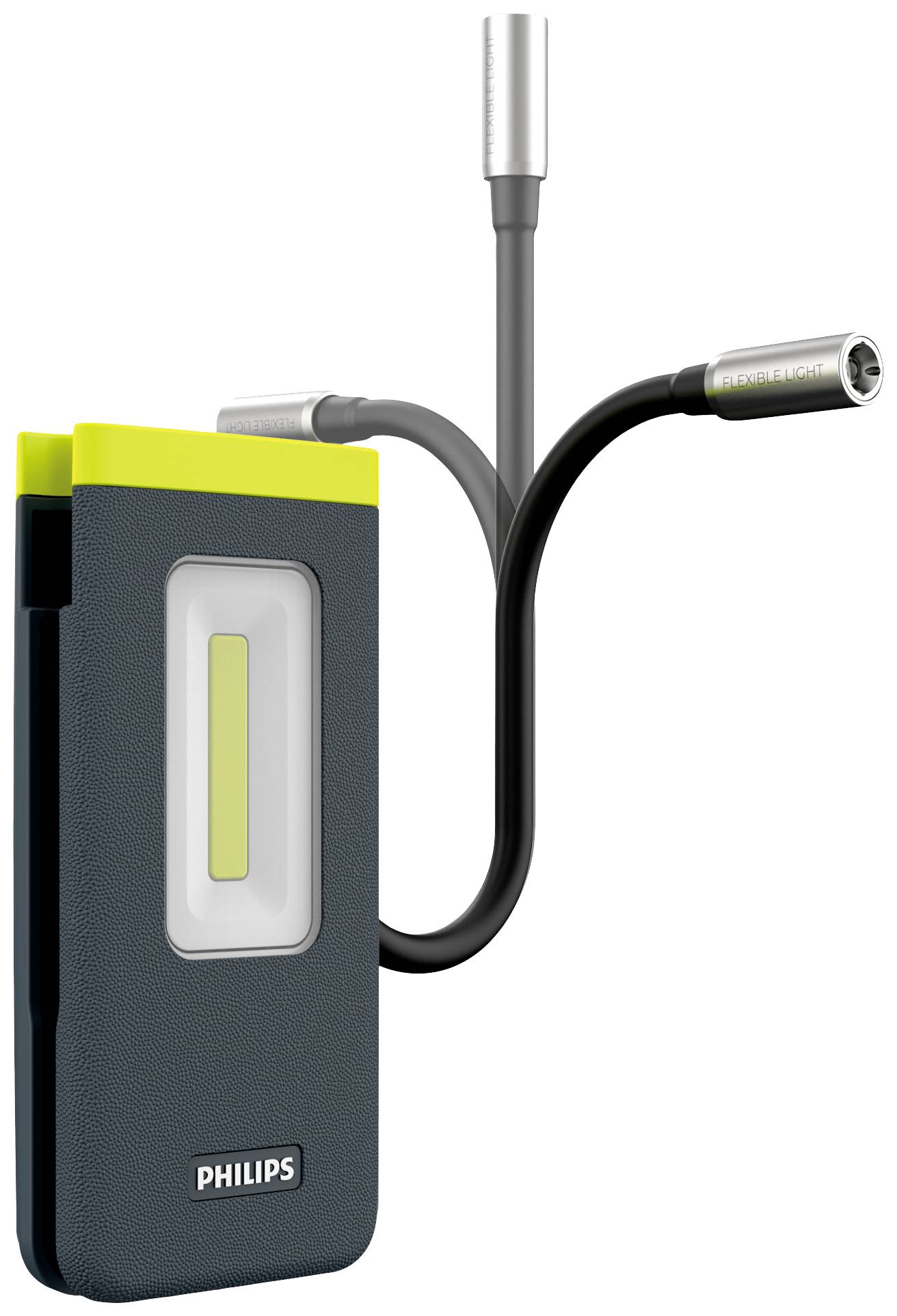 Compacte grijze Philips zaklamp met gele accenten, een flexibele handgreep en een haak voor eenvoudige bevestiging. Perfect voor onderweg.