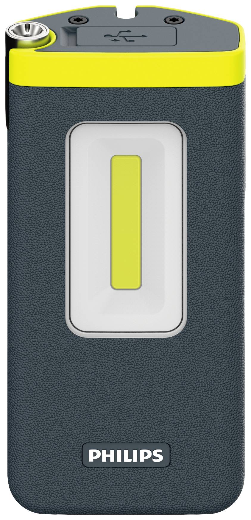 Draagbare Philips LED-werkverlichting in zwart en geel met USB-aansluiting bovenaan.