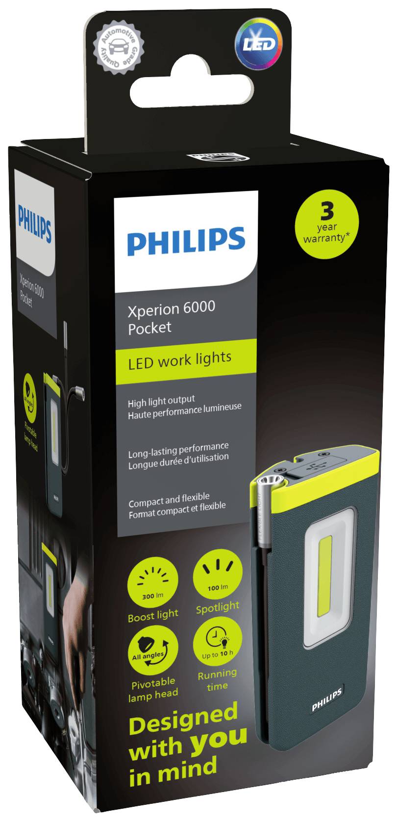Philips Xperion 6000 Pocket LED-Werklamp in verpakking, met hoogintensief licht, tot 7 uur gebruiksduur, 3 jaar garantie.