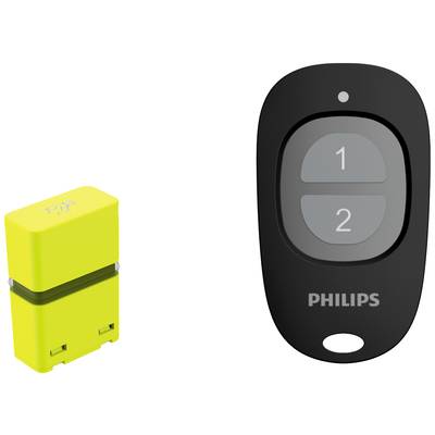 Geel modulair apparaat en zwarte Philips-afstandsbediening met twee genummerde toetsen '1' en '2'.