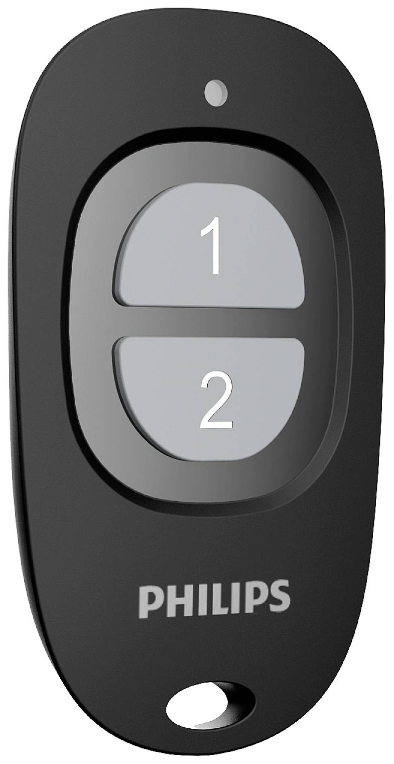 Zwarte Philips-afstandsbediening met twee grijze knoppen, gemarkeerd met '1' en '2'.