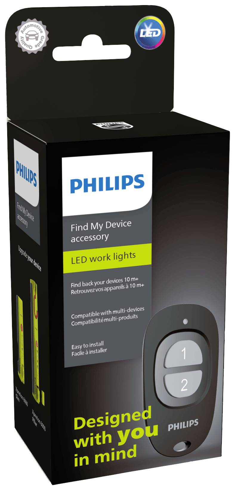 Zwarte Philips-verpakking voor LED-werklicht en 'Vind Mijn Apparaat'-accessoires. Bevat een zwarte afstandsbedieningssleutel met knoppen.