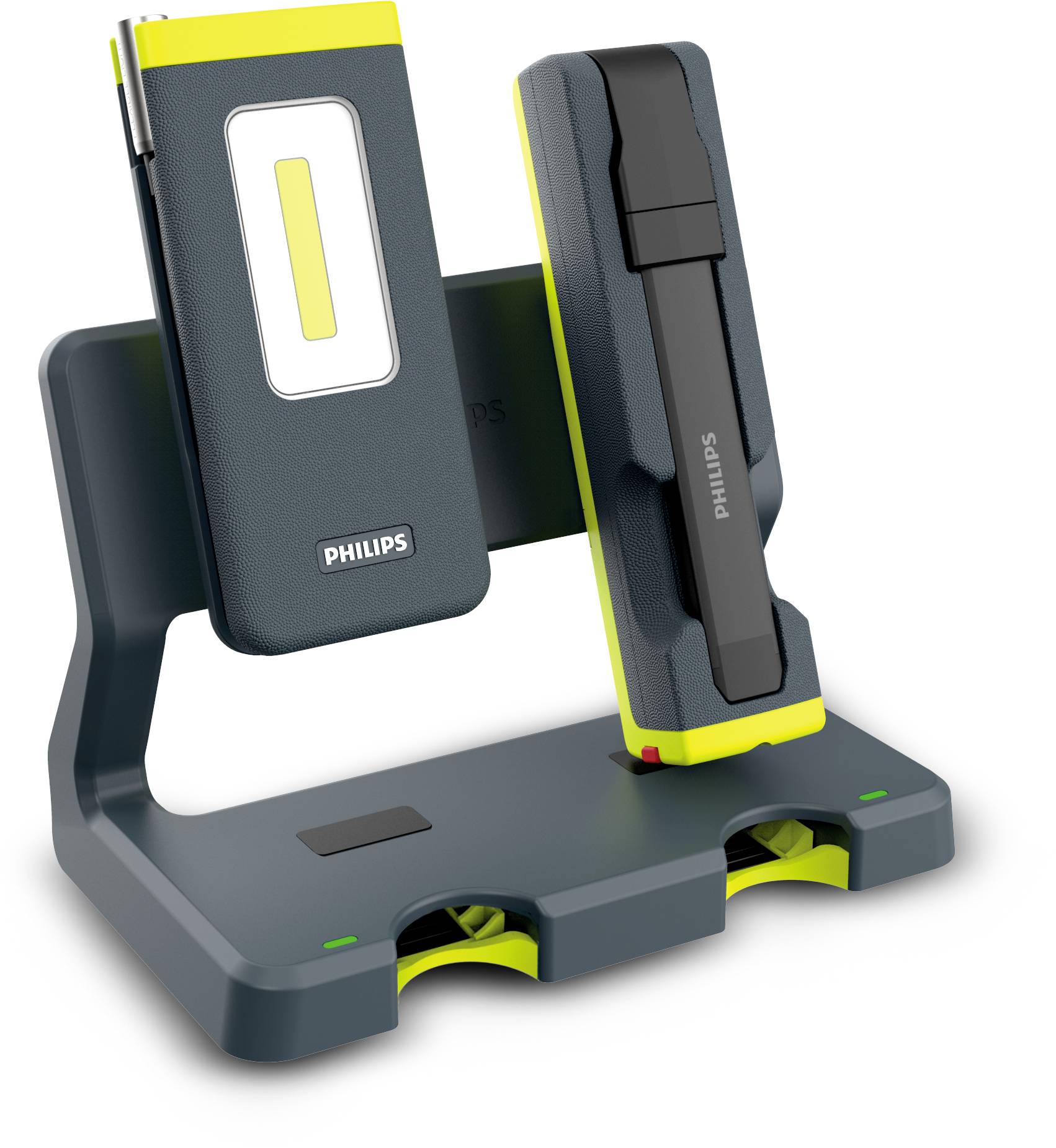 Twee draagbare LED-lampen in houder. Grijs en geel ontwerp, merk 'Philips'. Geschikt voor opladen en verlichting.