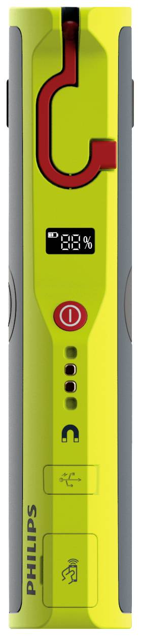 Een mobiele, gele noodlamp van Philips met haak, digitale batterij-indicator en verschillende functietoetsen.