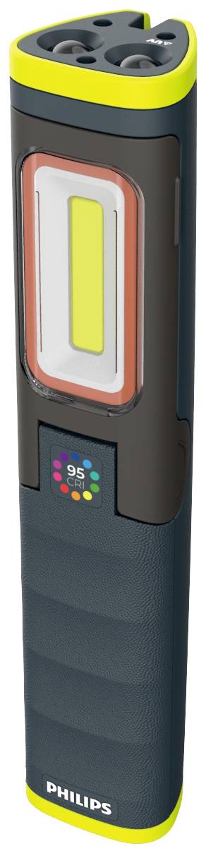 Een draagbare Philips LED-werklamp met een ergonomische handgreep, gekleurde elementen en een hoge kleurweergaveschaal op de behuizing.