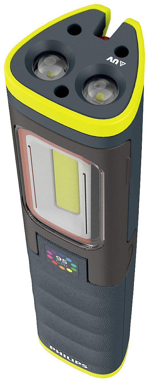 Een draagbaar LED-verlichtingsapparaat met twee ronde lampen bovenaan, een rechthoekig lichtoppervlak in het midden en een UV-markering.