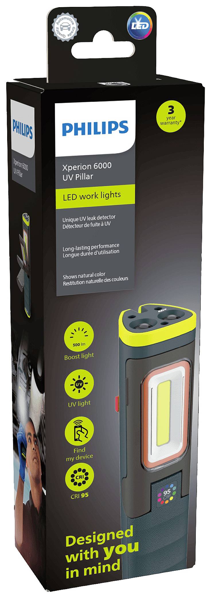 'Philips Xperion 6000 UV Pillar LED-werklamp. Bevat Boost-licht, UV-licht, zaklamp en CRI 95. Ontwikkeld voor optimaal zicht.'