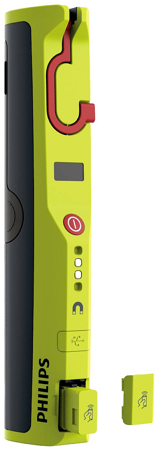 Elektronisch apparaat in limegroen met Philips-logo, verschillende toetsen en een rode vink. Het heeft een klein afneembaar onderdeel.
