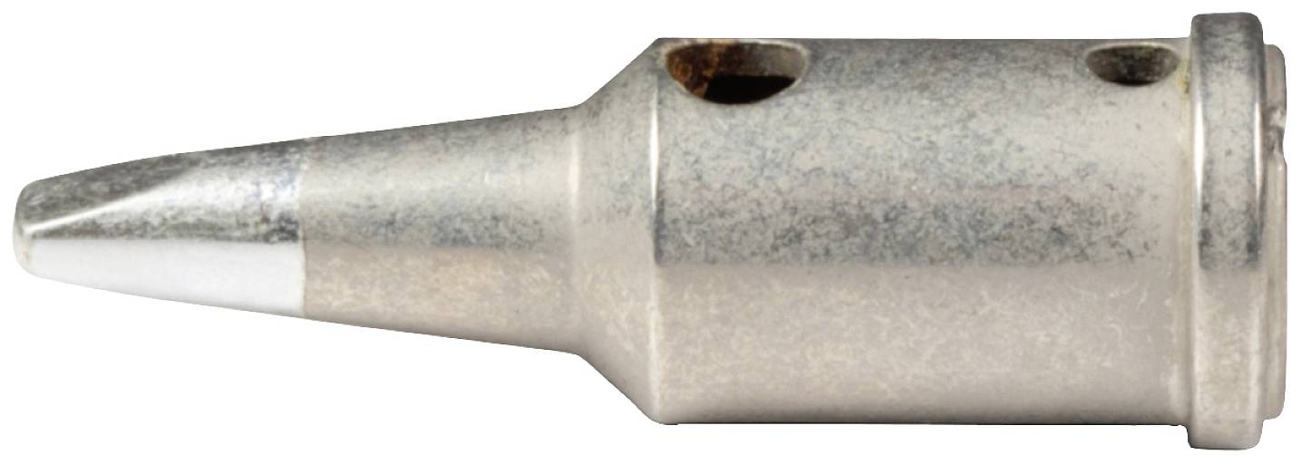 Een soldeerpuntopzetstuk van metaal, taps toelopend en met een ronde basis. Gebruikt voor het verhitten en smelten van soldeermateriaal.