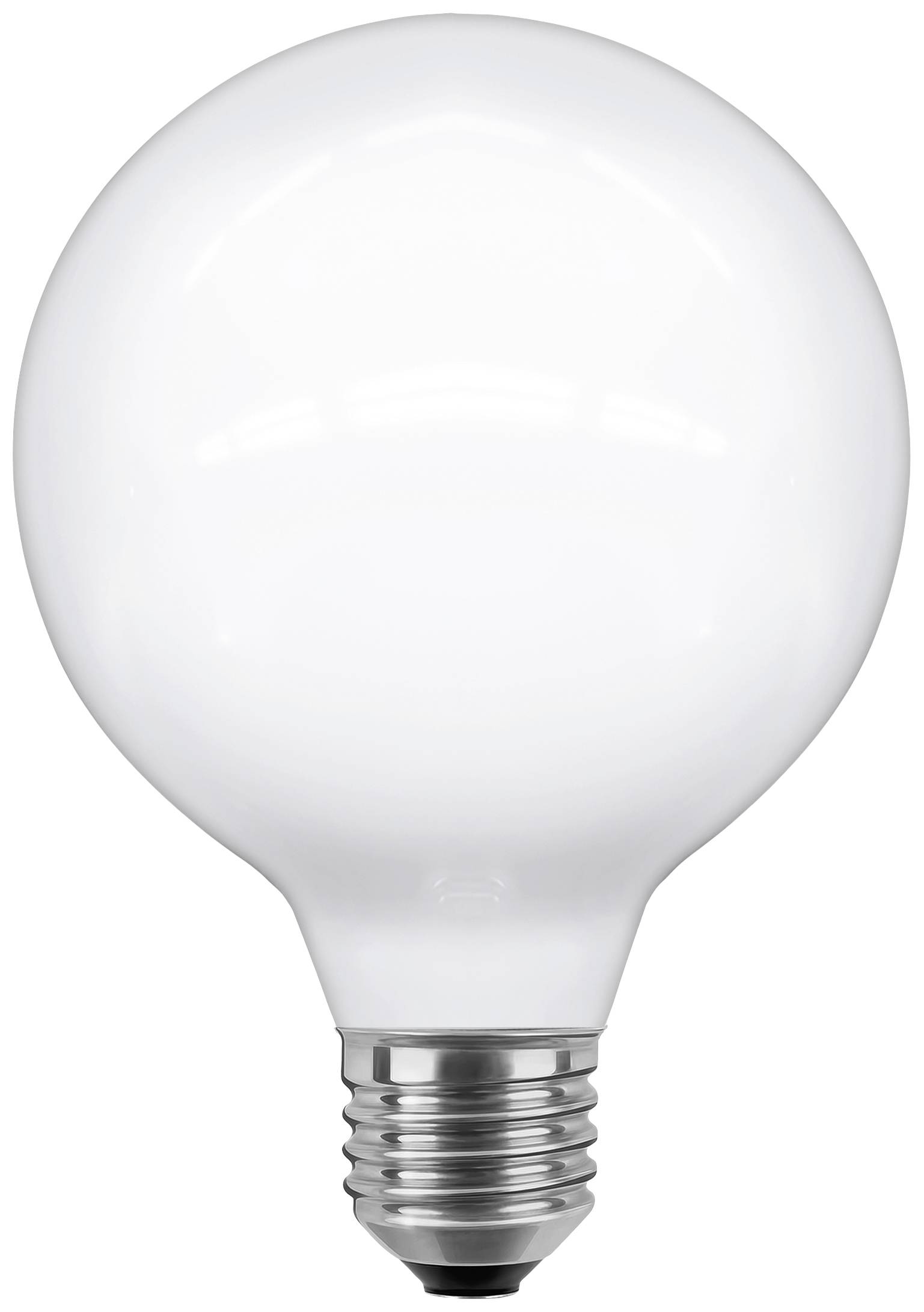 Een grote, ronde gloeilamp met wit glas en zilveren fitting.
