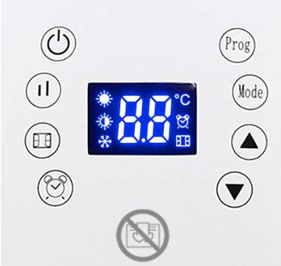 Display met blauwe digitale weergave toont 8,8°C. Omringd door symbolen voor Aan/Uit, Prog, Mode, Timer en pijltoetsen.