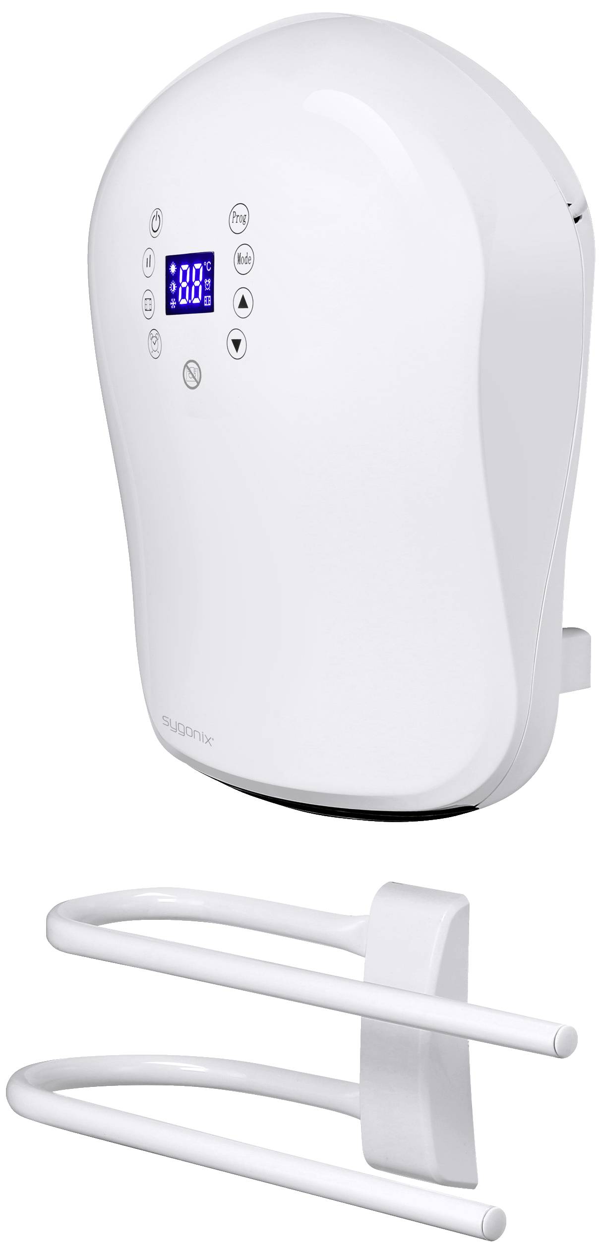 Een witte elektrische handdoekradiator met een digitaal display, vier knoppen voor temperatuurinstelling en een dubbele stanghouder.
