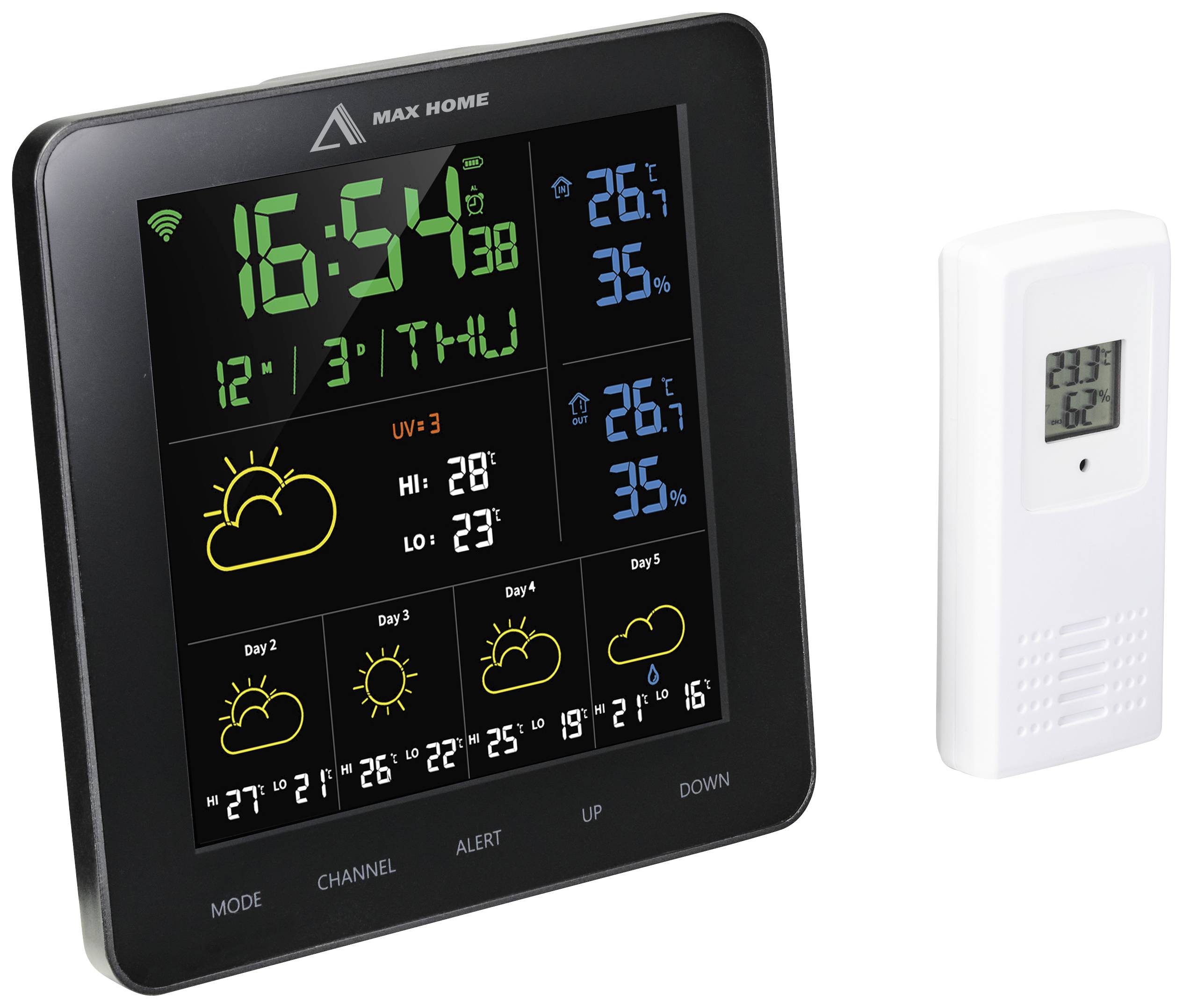 Een digitale weerstation met een tijdweergave ('16:54'), weersvoorspelling voor 5 dagen, binnentemperatuur (26,7°C) en luchtvochtigheid (35%).