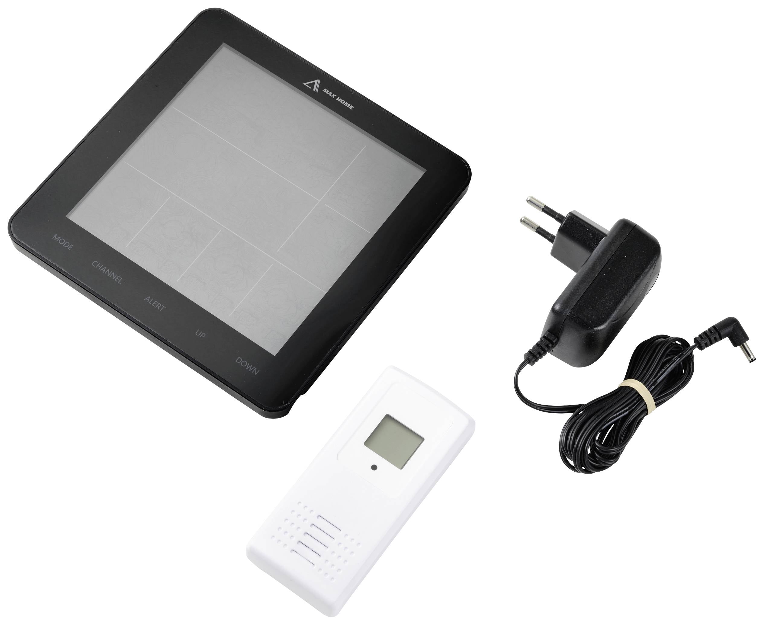 Digitaal weerstation-set met display, buitensensor en netadapter. Hoofdfuncties: weervoorspelling, temperatuurweergave.