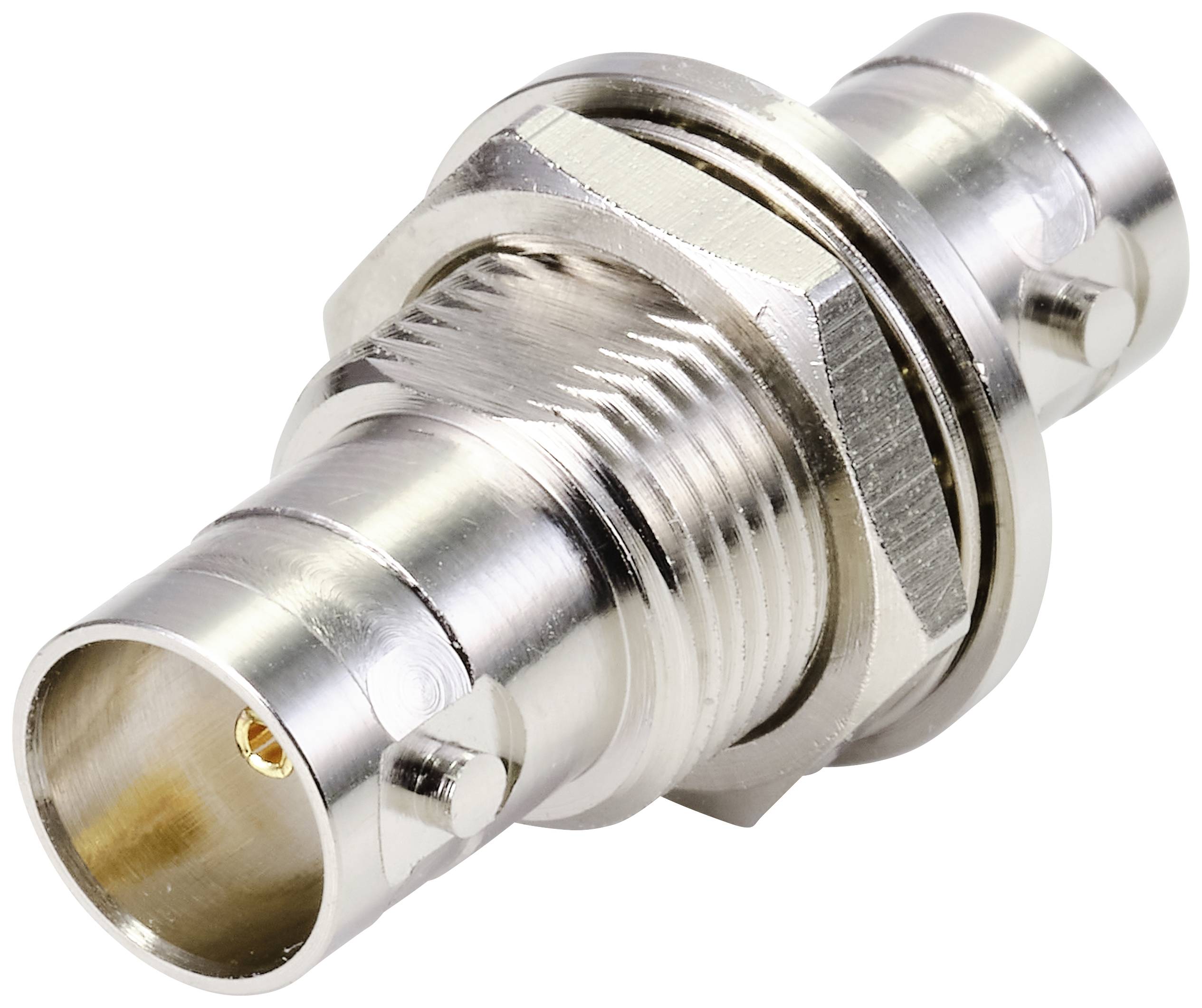 Een zilveren, metalen stekker met bevestigingsmoer, typisch gebruikt voor coaxkabels.