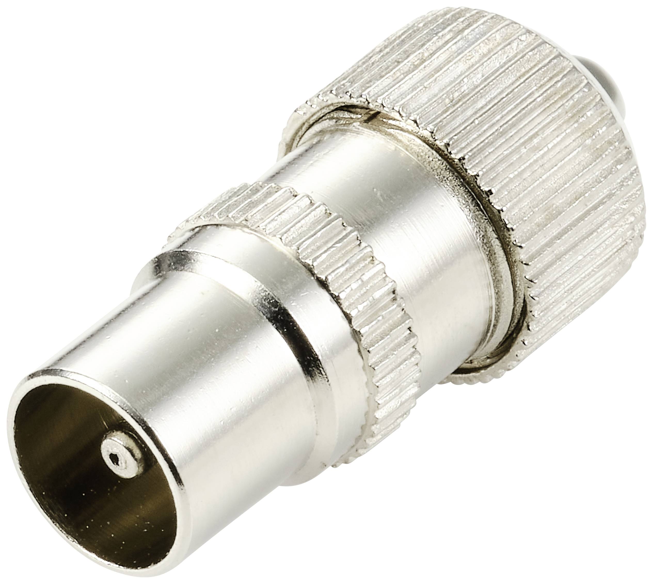 Een coaxiale metalen adapterstekker die wordt gebruikt voor het verbinden van kabels in elektronische apparaten.