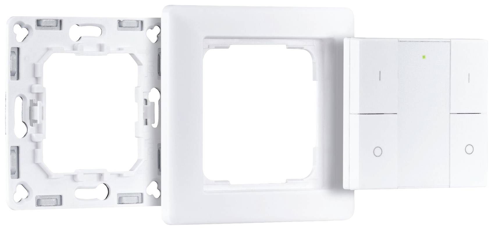Witte lichtschakelaars met frame, bestaande uit drie onderdelen: montageplaat, frame en dubbele wipschakelaar.