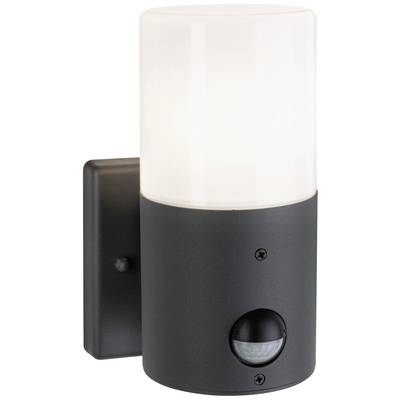 Moderne buitenmuurlamp met een cilindrische, matte glazen behuizing en geïntegreerde bewegingssensor. Hij is aan een muur bevestigd.