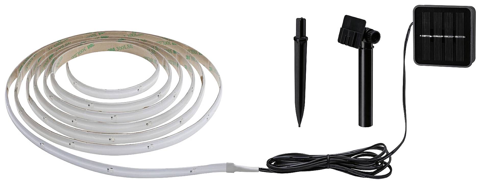 Lichtband met zonnepaneel en toebehoren. Bevat grondpen, bevestigingssteun en kabel. Geschikt voor buitenverlichting.