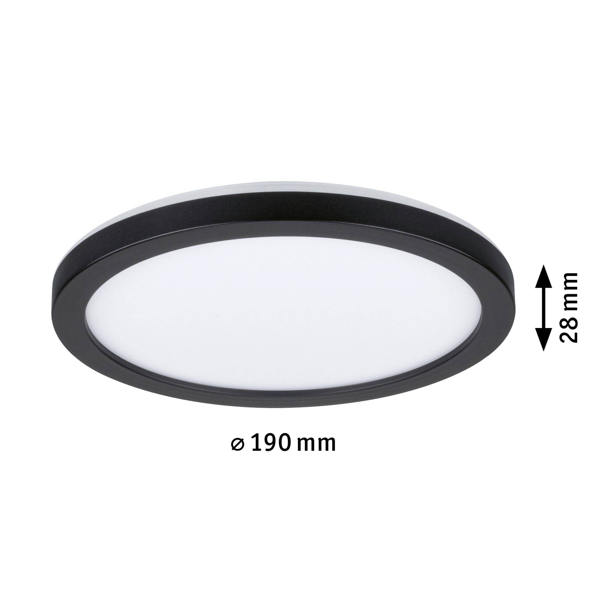 Platte, ronde plafondlamp met zwarte rand. Afmetingen: diameter 190 mm, hoogte 28 mm. Ideaal voor moderne interieurs.