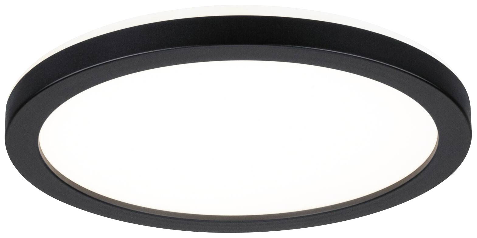 Platte, ronde plafondlamp met zwarte rand en wit verlichtingsoppervlak, geschikt voor moderne binnenruimtes.