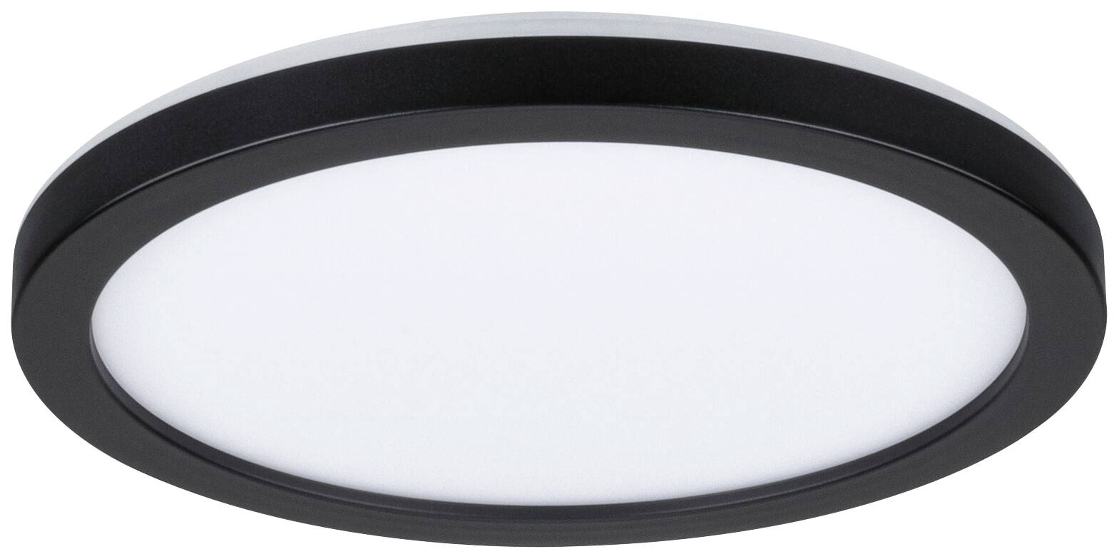 Ronde zwarte LED-plafondlamp met witte lichtdiffuser, geschikt voor moderne interieurs.