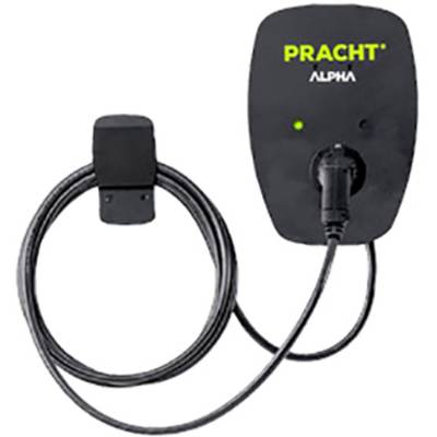 Een zwarte laadpaal met het opschrift 'Pracht Alpha', een groen licht geeft bedrijfsgereedheid aan. Een kabel is aangesloten.