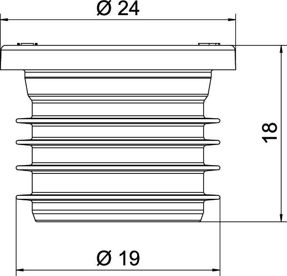 Doorsnede van een technische component met afmetingen: Totale diameter 24, Inwendige diameter 19, Hoogte 18.