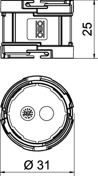 Tekening van twee elektrische componenten. Zij- en bovenaanzicht met afmetingen: 25 mm hoogte, 31 mm diameter. Componenten zichtbaar.