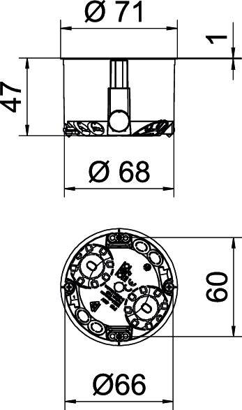 Technische tekening van een cilindrisch object met doorsneden en afmetingen: buitendiameter 71 mm, binnendiameter 68 mm, hoogte 47 mm.
