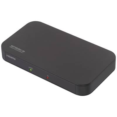 Zwart HDMI-schakelaartoestel met groene en rode LED-indicatoren aan de voorkant. Gemerkt met 'Speaka Professional'.