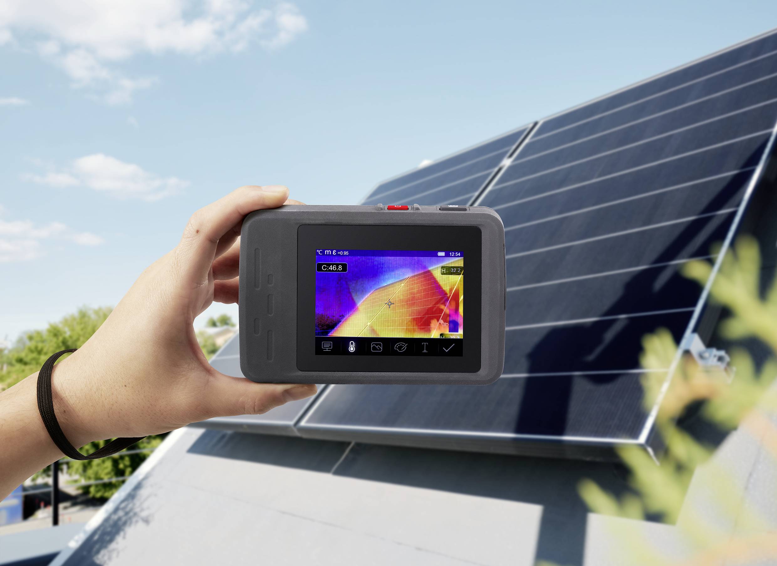 Een hand houdt een warmtebeeldcamera boven een zonnepaneel; het display toont een warmtebeeld van het paneel om de temperatuurverdeling te controleren.