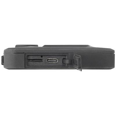 Close-up van een elektronisch apparaat met open klepje, toont een SD-kaartgleuf en een USB-C-aansluiting.