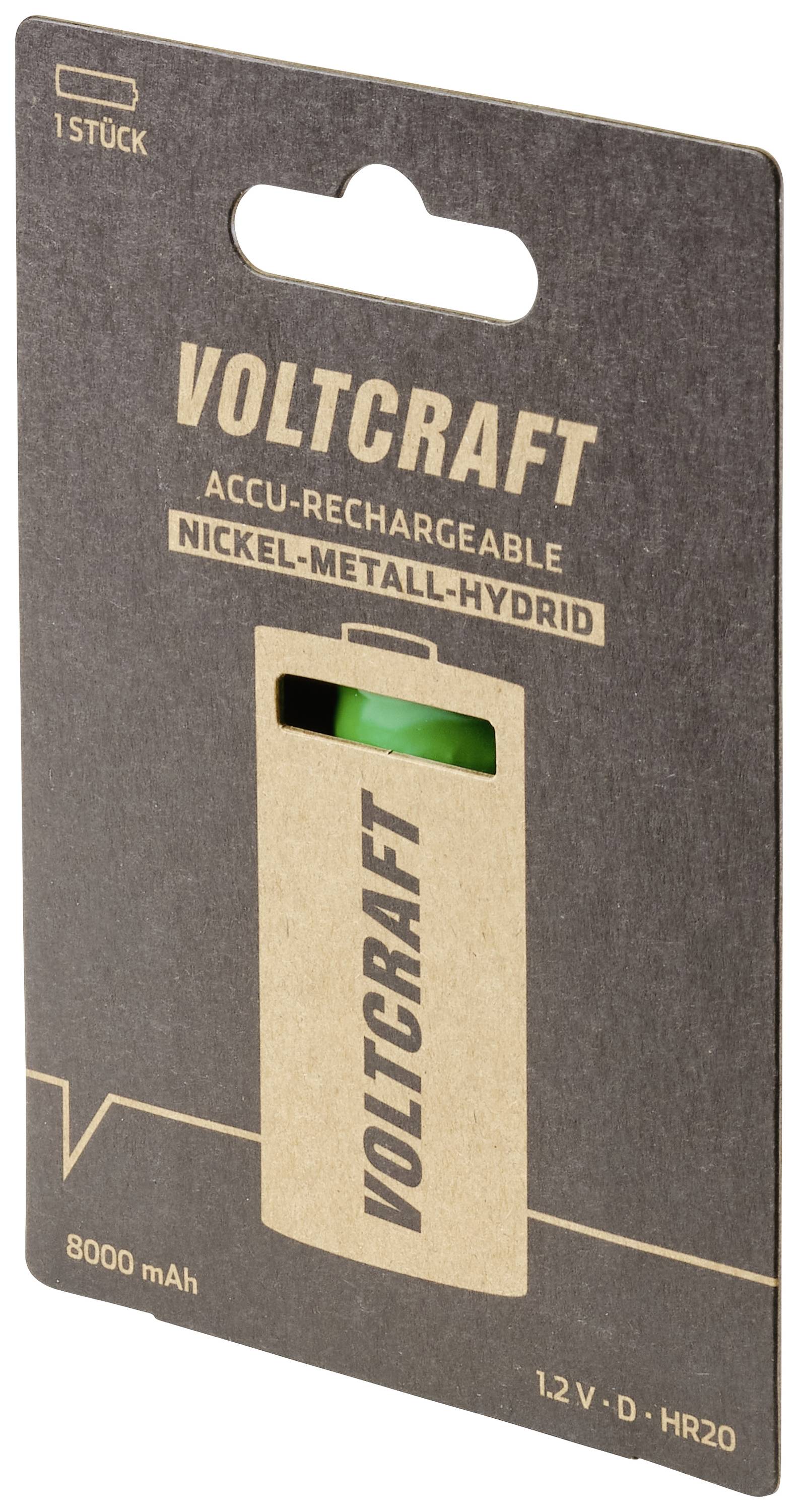 Verpakking voor een Voltcraft nikkel-metaalhydride accu, type D, met 8000 mAh en 1,2 V. Eén batterij inbegrepen.