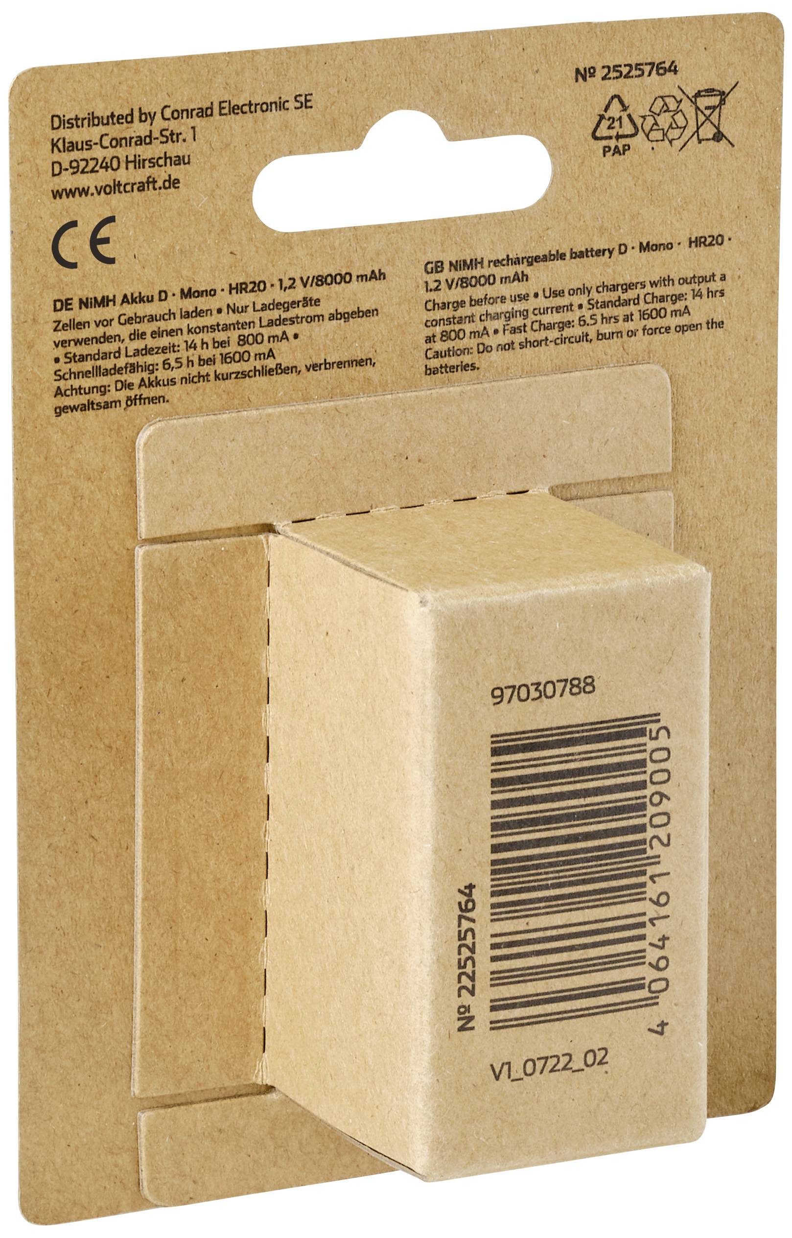 Bruine verpakking met gedrukte streepjescode en productinformaties. Tekst op de verpakking beschrijft batterijspecificaties.