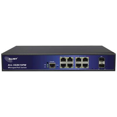 Een zwarte netwerk-switch met acht Ethernet-poorten en twee SFP-slots. Voorzien van de opdruk 'ALLNET' en 'Managed PoE Switch'.