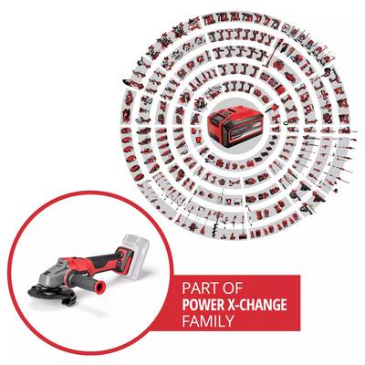 Accuslijper en Power X-Change batterij voor een spiraalvormig display met vele gereedschappen met de tekst 'Onderdeel van Power X-Change Familie'.