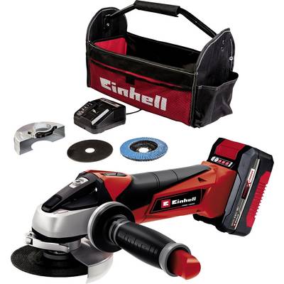 Een rode Einhell accu-haakse slijper met toebehoren: oplader, twee slijpschijven en een zwarte draagtas met Einhell-logo.