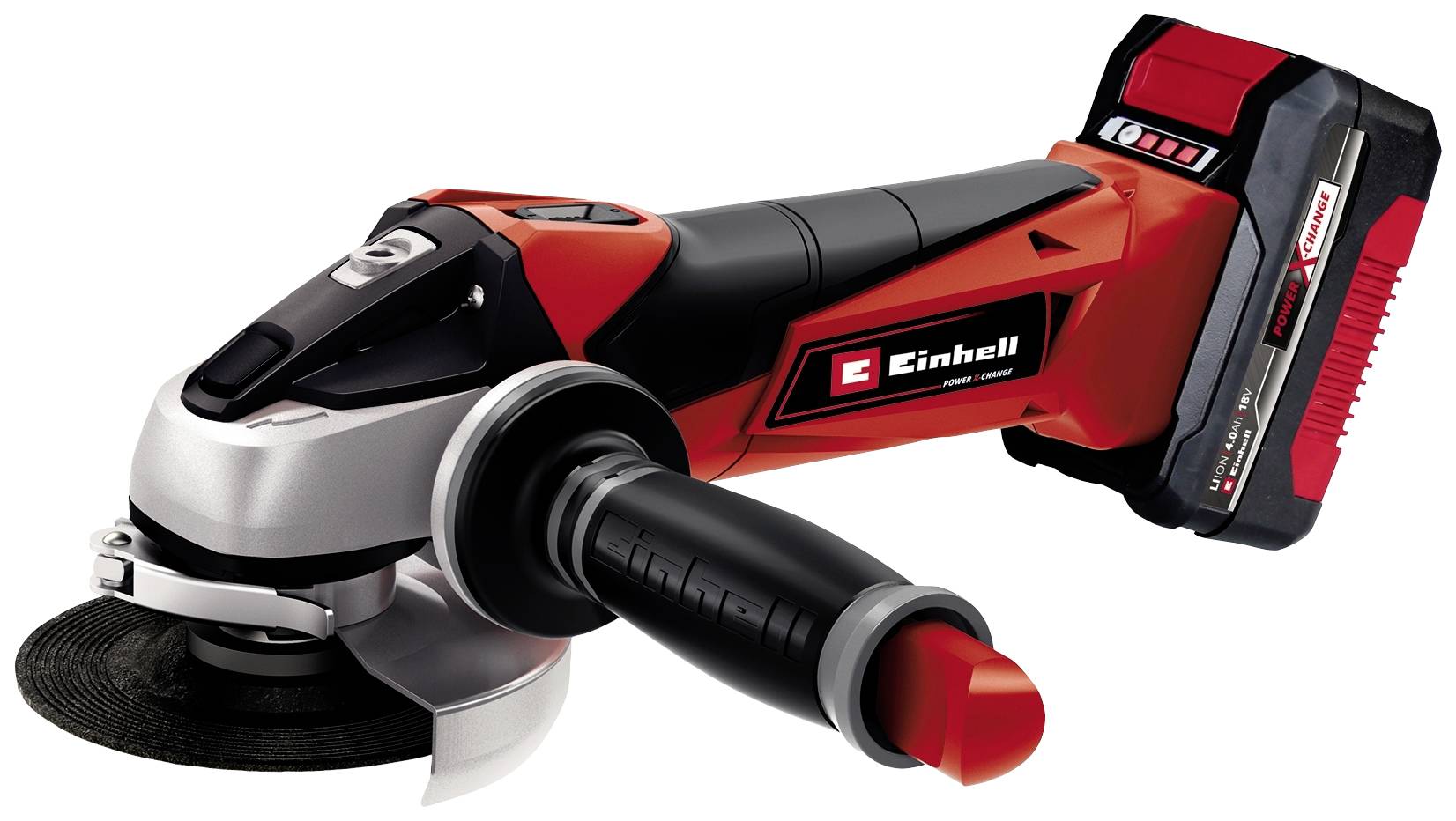 Een rode Einhell accuslijpmachine met zijhandgreep, waarbij het slijpblad en de aan-/uitschakelaar zichtbaar zijn.