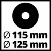 Zwart-witte grafiek: Twee cirkelsymbolen boven elkaar met diametervermeldingen '115 mm' en '125 mm'.