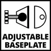 Constructieschroef en onderlegring; daaronder de tekst 'Verstelbare basisplaat'. Symboliseert een aanpasbare ondergrond.