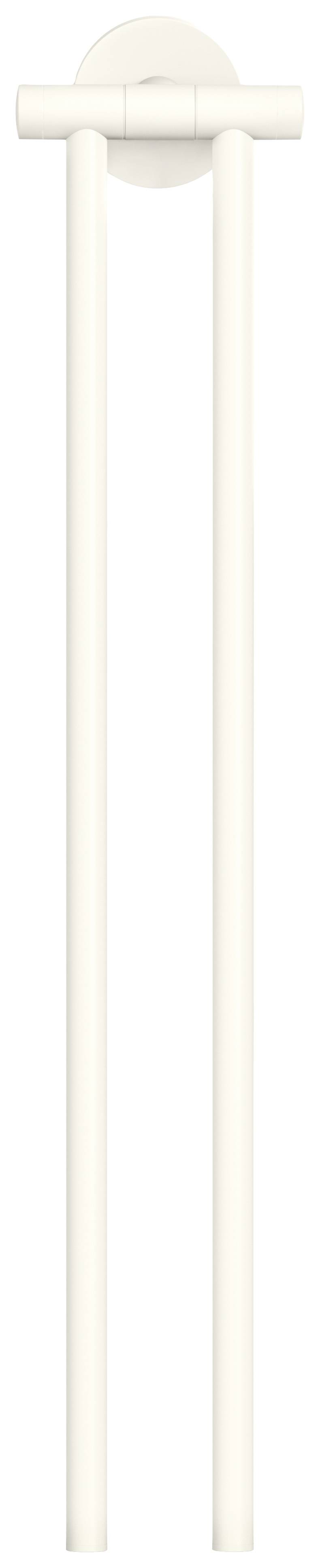 Een witte, verticale steungreep voor toegankelijkheid aan een muur, bestaande uit twee parallelle stangen die bovenaan met elkaar zijn verbonden.