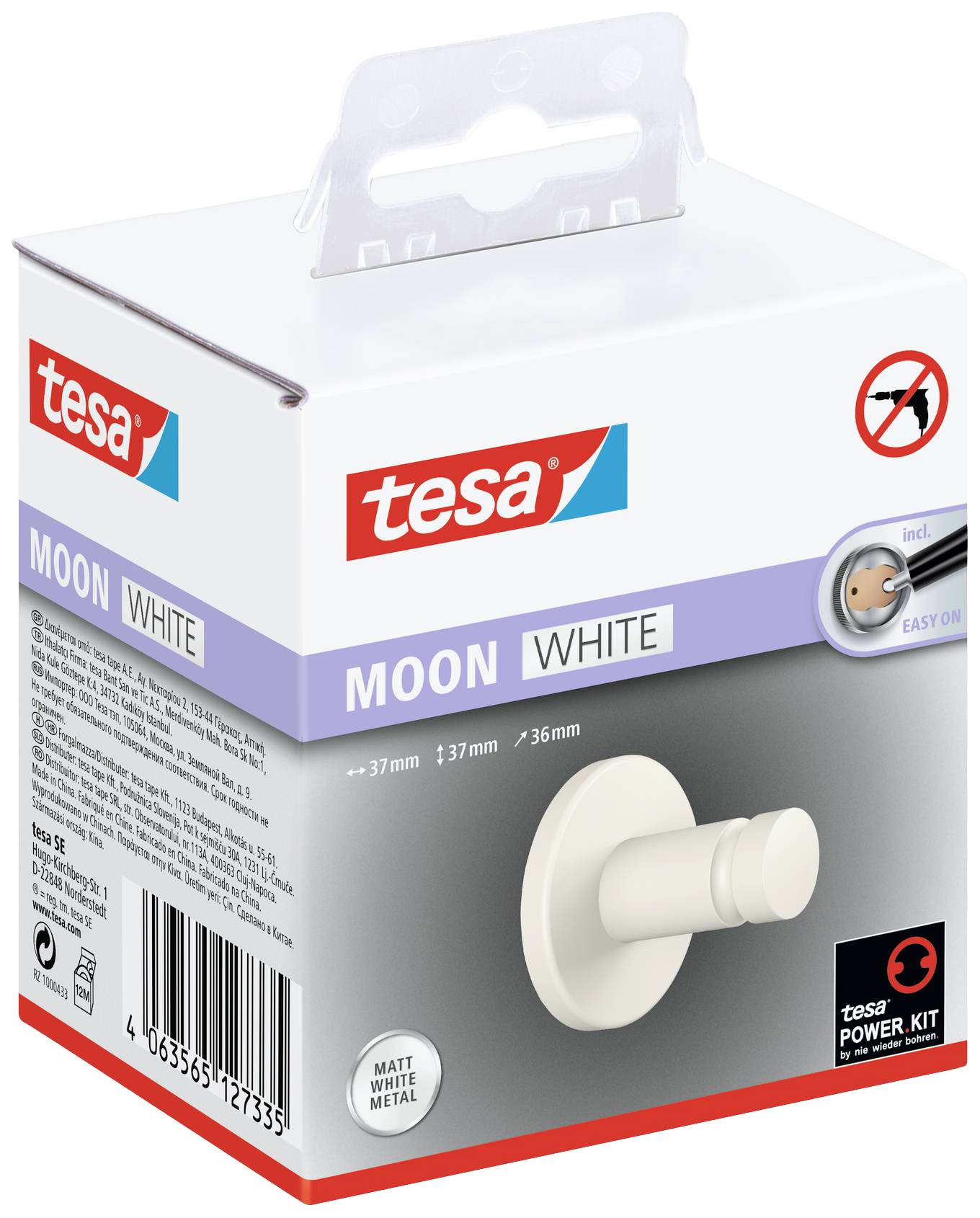 Verpakking van een witte afbeelding van een Tesa MOON kleefhaak met Power.Kit. Tekst in meerdere talen, ronde vorm, matte metaaloppervlakte.