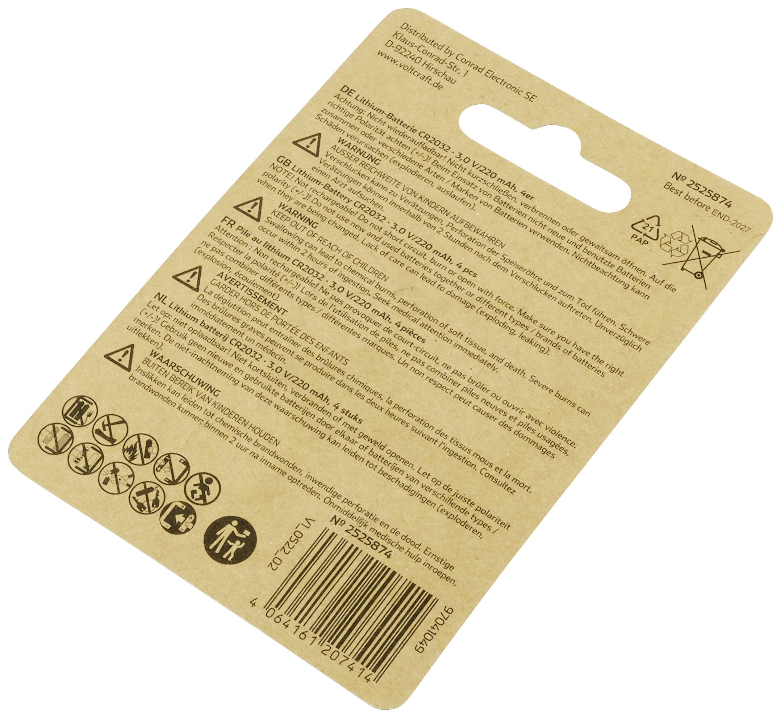 VOLTCRAFT Knoopcel CR2032 3 V 4 stuk(s) 220 mAh Lithium LM2032-4