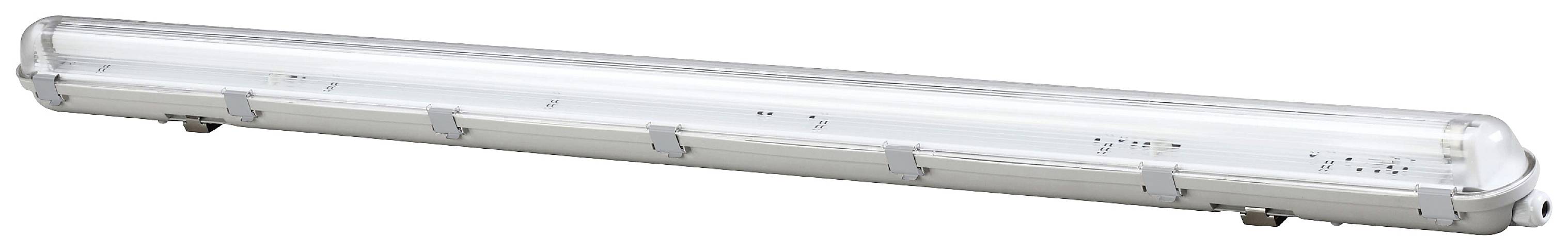 Een langwerpige, transparante LED-lamp in een beschermende behuizing. Deze is geschikt voor industriële of grootschalige ruimteverlichting.
