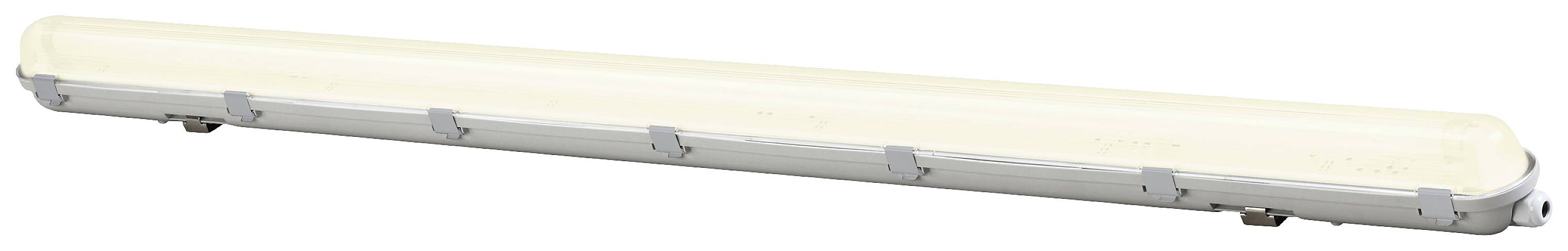 Lange, grijze LED-armatuur met wit licht, geschikt voor industriële of commerciële verlichting.