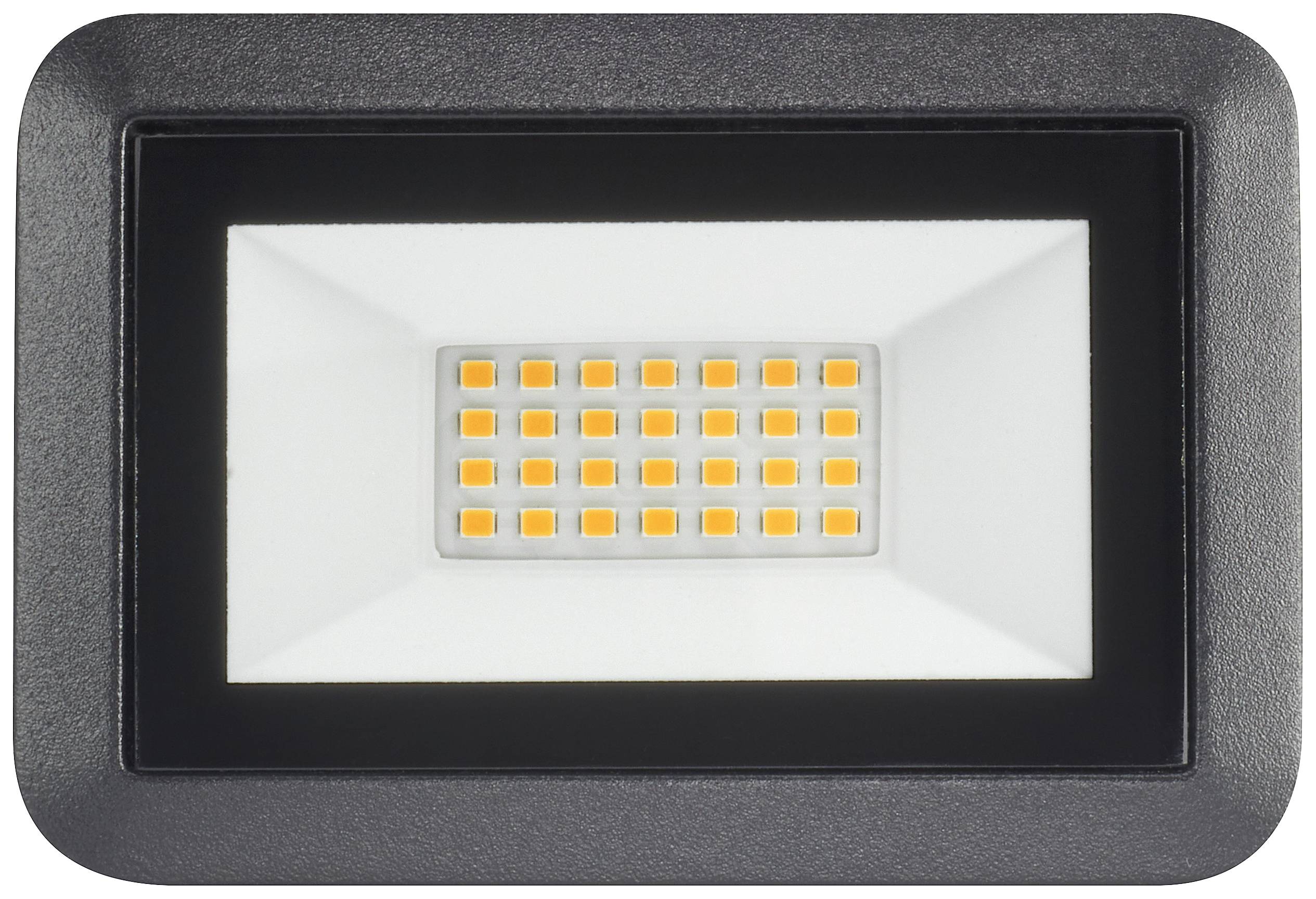 Een rechthoekige LED-schijnwerper met een zwarte rand en een raster van 25 gele LED-lampen in het midden.